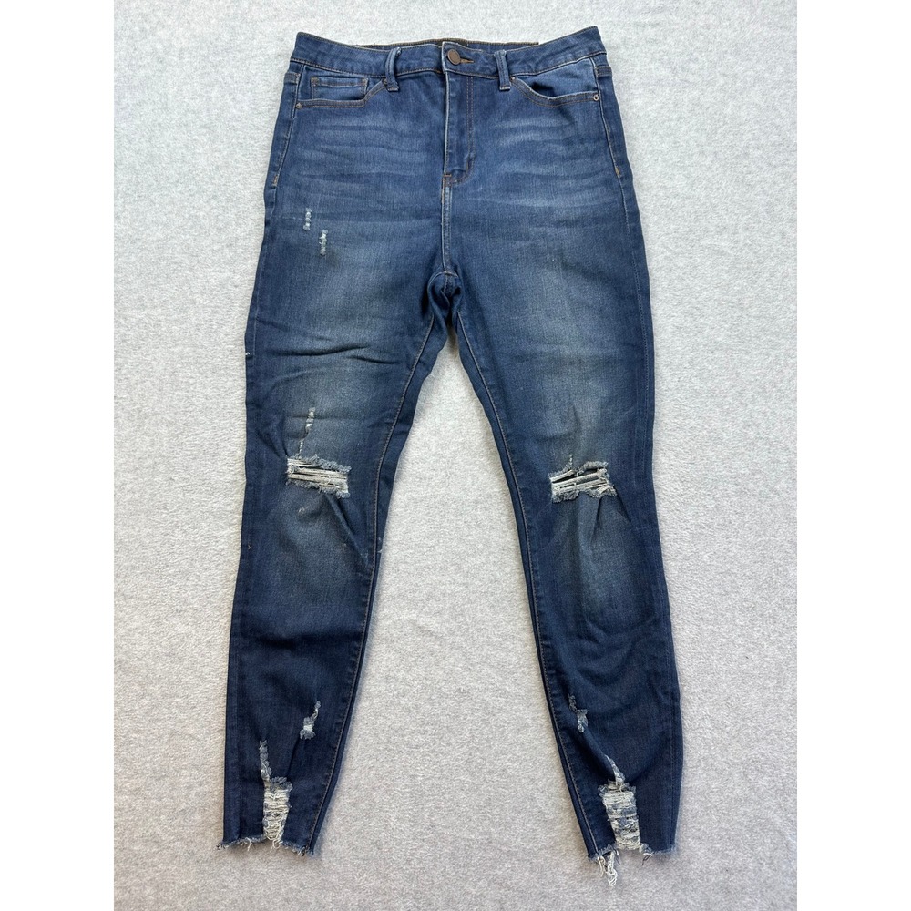 Simple Society Distressed High Rise Skinny Jeans Dark Wash Raw Hem Size 11/30